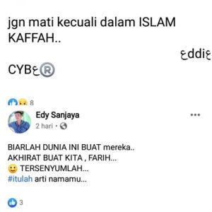 Ini Status Terakhir Facebook Edy Sanjaya Yang Ditemukan Tewas di Sitamiang, Padangsidimpuan: “Jgn mati kecuali dalam ISLAM KAFFAH”